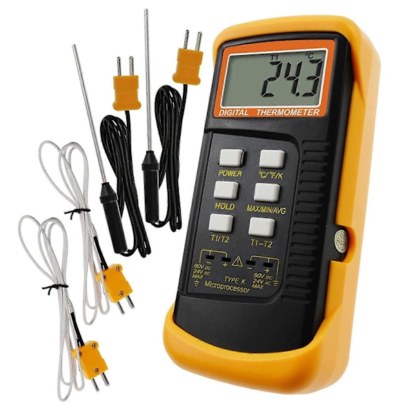 Digital 2-kanals K-type termometer m/ 4 termoelementer (kablet & rustfrit stål), -50~1300C (-58~2372F) Håndholdt desktop højtemperatur Kelvin