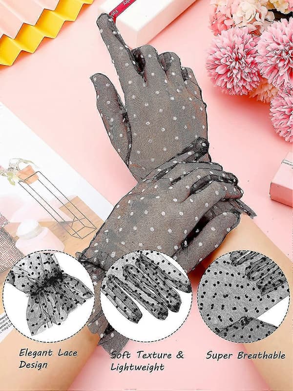 3 Par Dam Polka Dot Spetshandskar Stretchiga Korta Blomhandskar Svart Vit