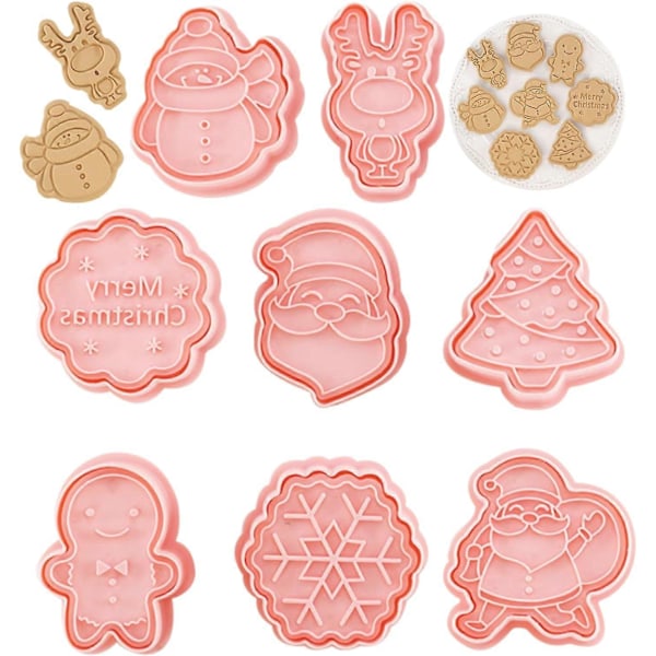 Julkakformar 8 st/set, 3D Pressbara Julkakformar och Stämplar, Jultomte Julgran Snögubbe Pepparkaksgubbe Formar