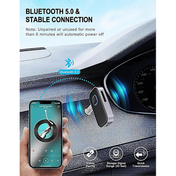 [2022 Opgraderet Bluetooth-modtager, Støjreducerende Bluetooth-biladapter, 16 timers standby Aux Bluetooth-modtager til HiFi bilradio/bilstereo/hjemmestereo