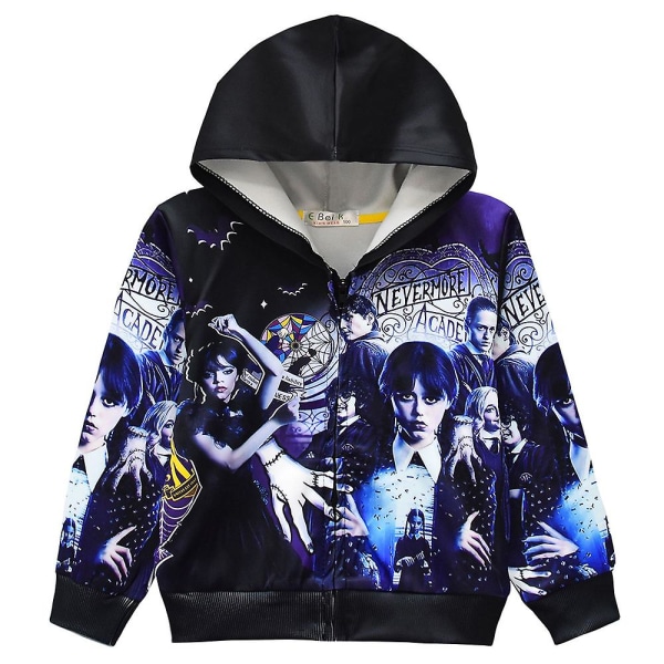 Onsdag Addams Printed Hooded Long Sleeve Jacket Zip Casual Jacka Black 8-9 Years