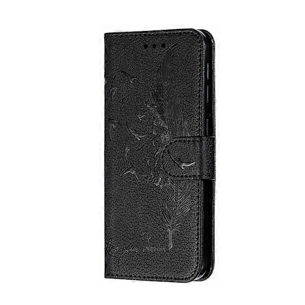 Litchi Tekstur Præget Fjer Læder Telefon Cover med Wallet Stand Kompatibel til Samsung Galaxy A20e Black