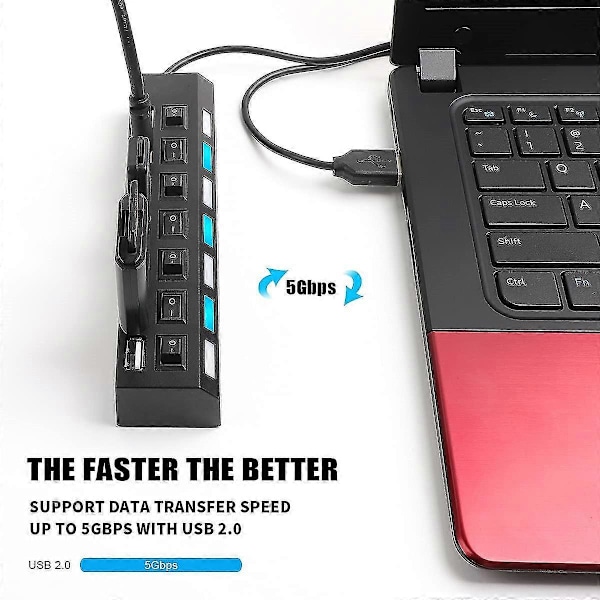 Monitoimi USB-jakaja, 7-in-1 USB 2.0 -keskitin nopeilla yksittäisillä on/off-kytkimillä ja LED-valoilla (7 porttia USB A)