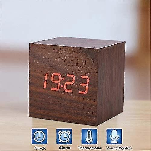 LED Skrivbordsklocka Väckarklocka Morgonklocka Digital Kub/rektangulär/triangulär Datum Temperaturvisning Med Digital Reseväckarklocka (valnötskub)