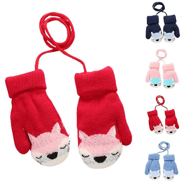 Barn Baby Cartoon Söta stickade vantar Vinter varma handskar på String Pojkar Flickor Present Red