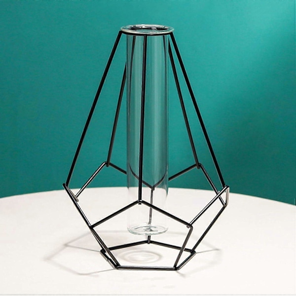 Metallställ Klar Blomma Vas Glasvaser Set, Nordisk Stil Geometrisk Glas Järnkonst Växtbehållare för Kontor Hem Bröllop Dekoration (Svart)