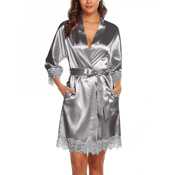 Satin Silk Morgenkåpe for Kvinner Skrå V-hals Kort Kimono Morgenkåpe Brudepiker Morgenkåpe ------ Sølvgrå (størrelse L)