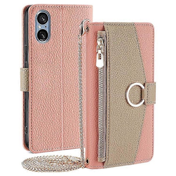 Kompatibel med Sony Xperia 5 V Lommebok PU Lær Crossbody Telefondeksel med Sminkespeil Pink