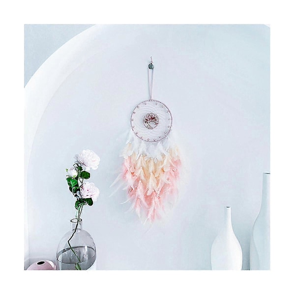 Drømmefanger Hængende Ornament Dekoration Håndlavet LED Lys Pink Fjer Healing Krystaller Drømmefanger