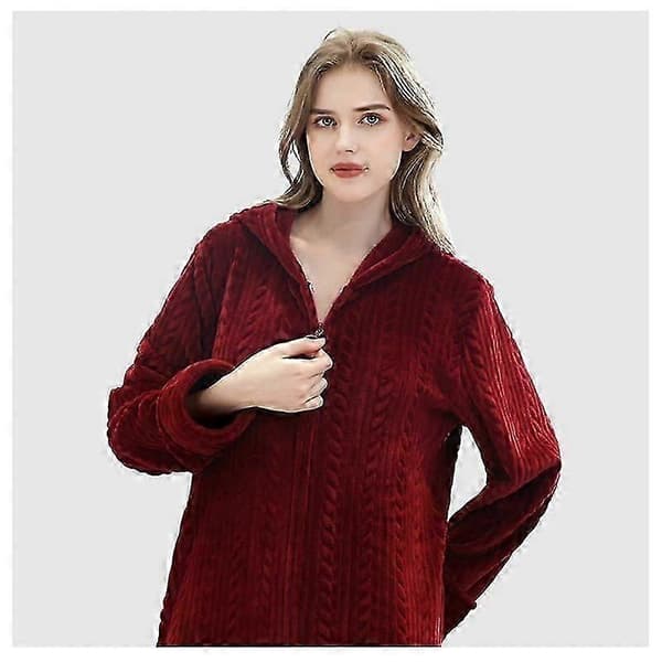 Badekåbe med hætte til damer, varm og blød fleece-morgenkåbe med lynlås, lang Wine Red M