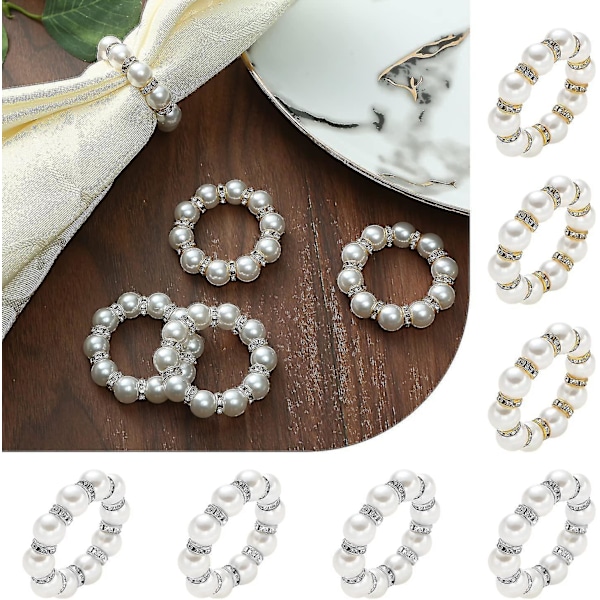 Vita Pärlor & Strass Servettringar Set om 12, bling Pärlservettringhållare för middag/bröllop/tha Guld