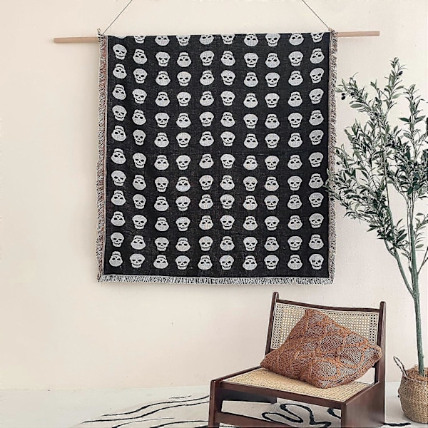 Boho Plaider Vendbar Bomuld Boheme Tapestry Hippie Værelsesindretning Dobbeltsidet (Boho Skull Print Sort 50\"x60\")