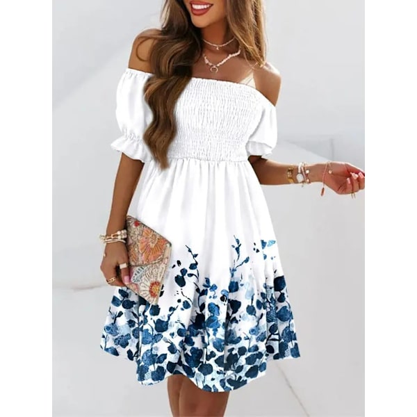 Sexig Off Shoulder Mini Klänning Dam Sommar Lös Boho Print Festklänning black M