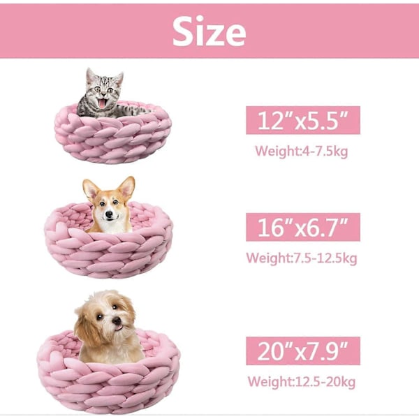 Strikket katteseng i bomull, varm vevd kattehule, koselig seng for hunder og katter (39,9 cm, rosa)