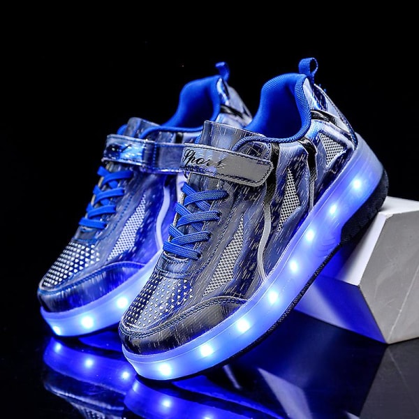 Barn Två Hjul Lysande Glödande Sneakers Röd Rosa Blå Led Light Rullskridskoskor Barn Led Skor Pojkar Flickor USB -laddning Q8- blue 32