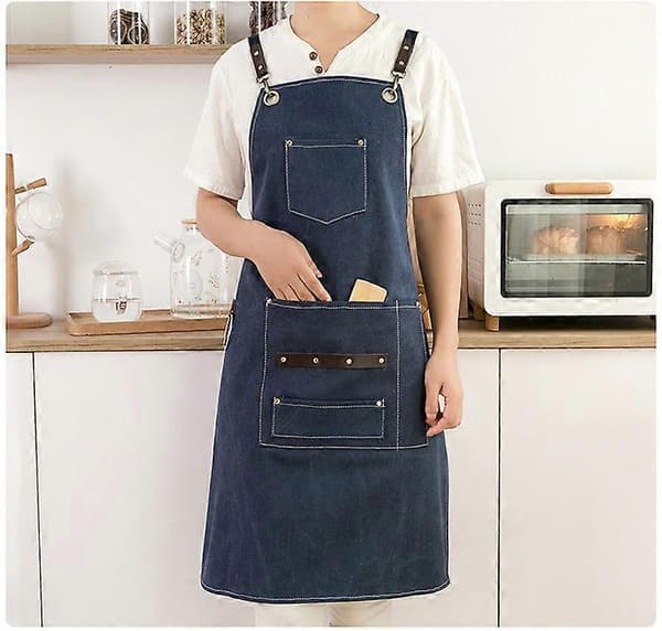 DIY Kokkeforklæde Grillforklæde med 4 Lommer - Holdbart 16oz Bomuldslærred, Rustfrit Stål Materiale - Blå