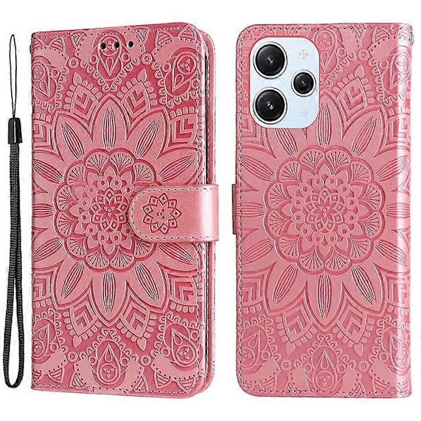 PU-nahkakotelo Xiaomi Redmi 12 4G -puhelimelle, auringonkukkakuvioitu lompakko naarmuuntumista estävä älypuhelinkotelo Pink