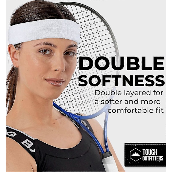 Svettepannebånd - Pannebånd for menn og kvinner - Terry Cloth Svettebånd for tennis, basketball, fotball, trening - hvit