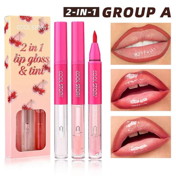 3 STK 2-i-1 Lipgloss & Tint Sæt, Dobbelt-endet Mat Flydende Læbeblyant og Tonet Læbeglasur, Blød Præcisionsspids, Højglans Finish Set A