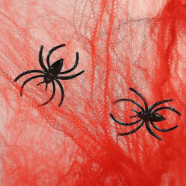 Elastisk edderkoppnett-partydekorasjon med 2 falske edderkopper - Halloween-dekorasjoner, Halloween-romdekor for en Halloween-fest, Halloween utendørs D bd