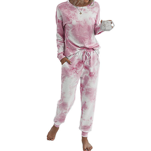 Kvinnors Tie Dye Casual Kostym Långärmad Sweatshirt Topp + Dragsko Byxor Kostym Casual Jogging Lounge Wear Pink L