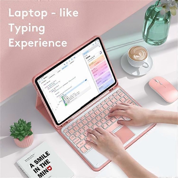 TP-1099 Kompatibelt för iPad 10.9 (2022) Trådlöst tangentbordsfodral med mus, PU Läder Folio Flip Omslag Bluetooth Tangentbordsfodral Pink