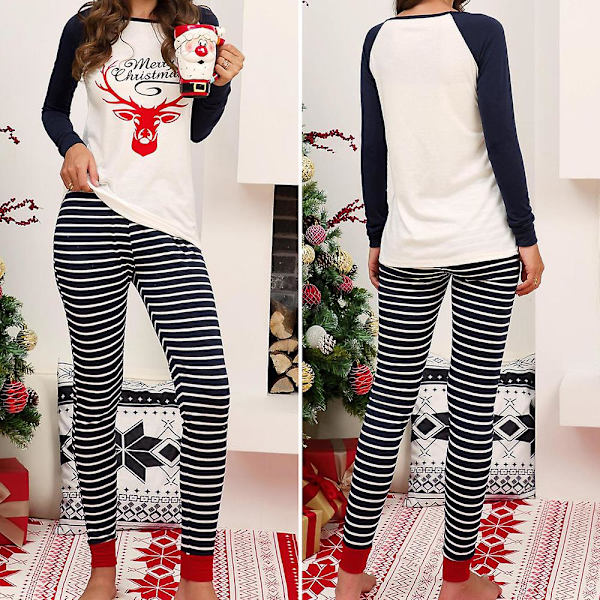 Naisten set Joulukuvioidut pitkähihaiset Topit Printed housut Pyjamat Lounge Wear Royal Blue M
