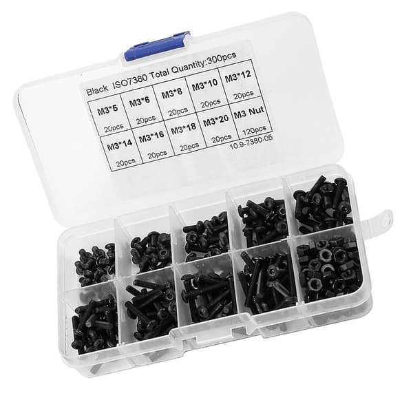 300-dels M3 Svart 10.9 Klass Knapphuvud Hex Socket Skruv Bult Mutter Sortimentssats