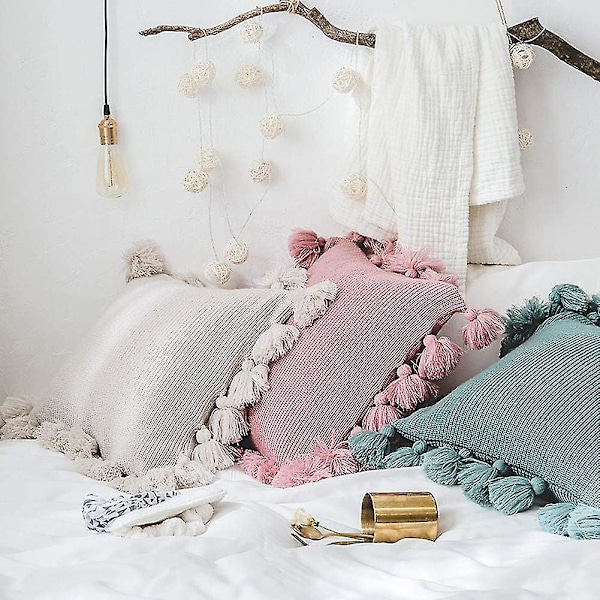 Neulotut tyynynpäälliset tupsuilla Boho maalaistalo raidallinen palmikkoneulos koristetyynynpäälliset koristetyyny kotisohvalle