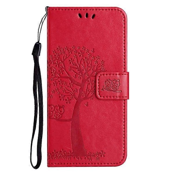 Kompatibel med Motorola Moto G14 4G Ugle Træ Præget Telefon Cover PU Læder Stand Wallet Case Red