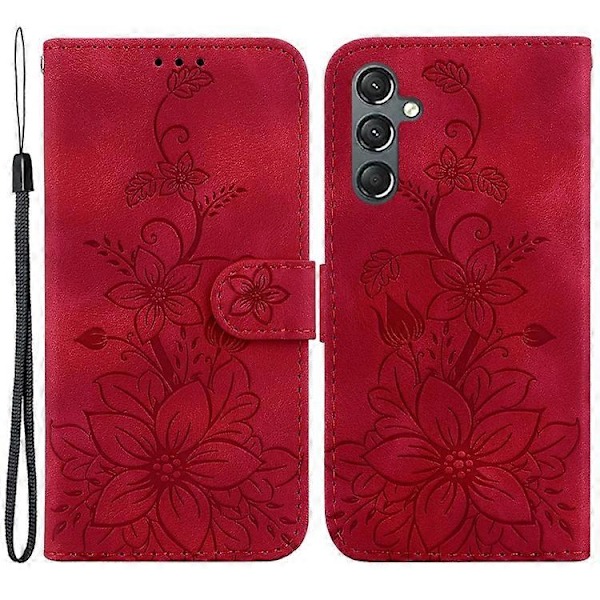Lily Blomst Præget Telefon Cover Kompatibelt til Samsung Galaxy A25 5G PU Læder Wallet Stand Cover Red
