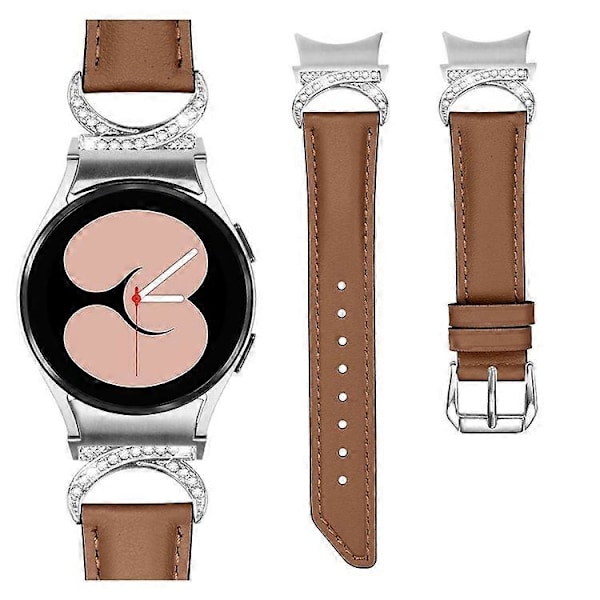 Yhteensopiva Samsung Galaxy Watch 5 / Watch 4 40mm / 44mm / Watch 4 Classic 42mm -kellon korvaava halkaistu nahkaranneke strassikivillä ja D-muodolla Brown