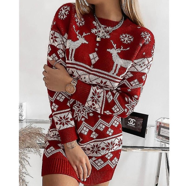 Ny dam jultröja Xmas Elk Knit Pullover Jumper Top Red L