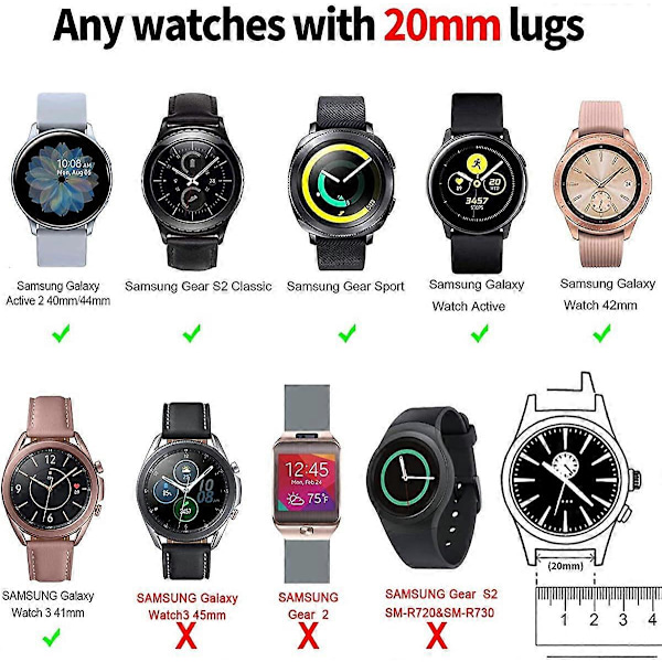 Yhteensopiva Galaxy Watch Active 2 -rannekkeiden 40 mm ja 44 mm kanssa, Galaxy Watch 4 Classic -rannekkeen 42 mm ja 46 mm kanssa, Watch 4 -rannekkeen 40 mm ja 44 mm kanssa, Galaxy Watch 42 mm -rannekkeiden kanssa, 20 mm Quick