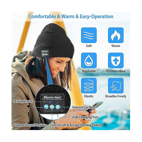 Strikket Bluetooth Hue med Øretelefoner Herre Dame Udendørs Sport Trådløse Øretelefoner Musik Hue Bluetooth Hovedtelefoner