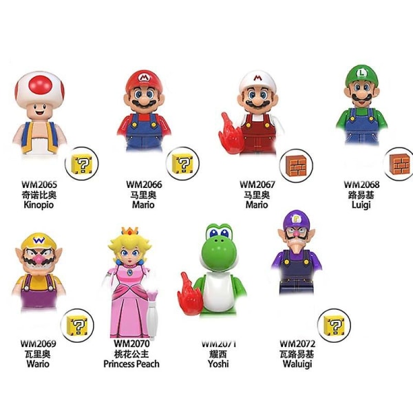 8st/ set Super Mario Bros Byggklossar Waluigi Yoshi Princess Peach Wario Luigi Actionfigur Tegelstenar Modell Leksak Barn Presenter