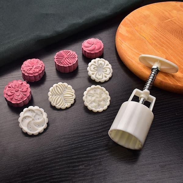 50g Månekakeform med 4 stk Klassiske Blomsterstempler Håndpress Månekakeform DIY Bakeutstyr