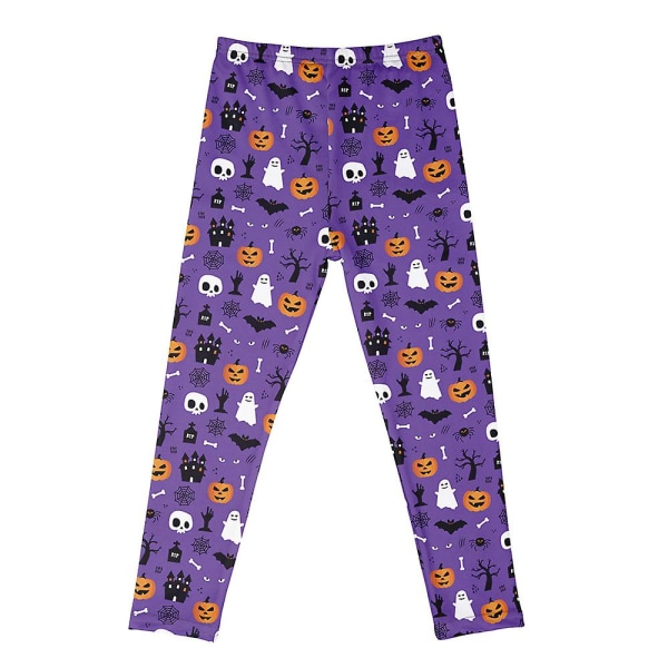 Halloween Barn Flickor Leggings Stretchiga ankellånga Byxor Pumpa Bat Spindelnät Printing Tights Byxor Purple Pumpkin 5-6Years