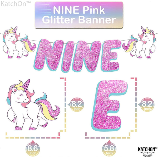 Glitter Nine Banner med Nummer 9 Ballong - 102 cm Enhjørning 9-årsdag Dekorasjoner For Jenter | Gigantisk Enhjørning Hode Ballong, 109 cm | Folieballonger f