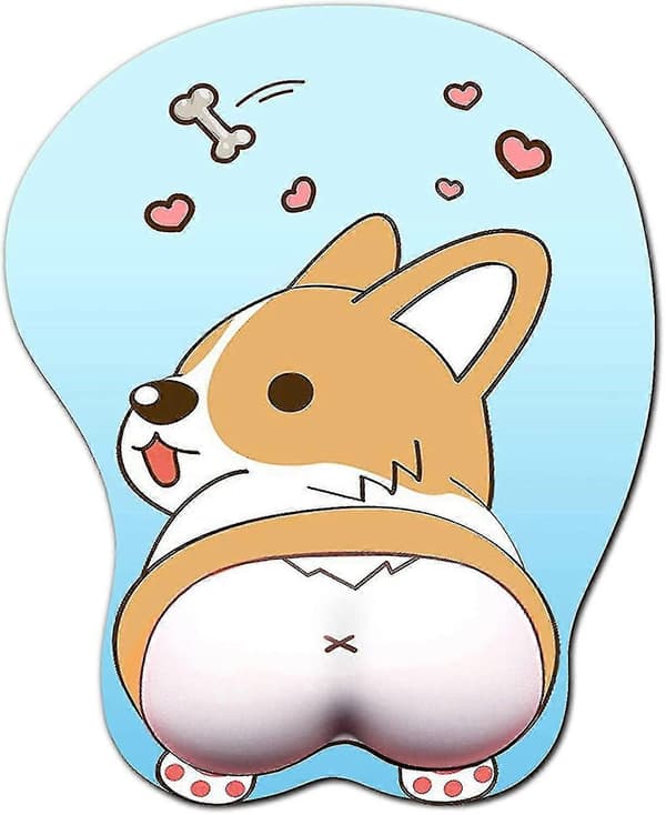 Anime Corgi Musemåtte med Håndledsstøtte Gel - Ergonomisk 3D Hunde Musemåtte i Blå, Perfekt til Kontor, PC og Bærbare Computere