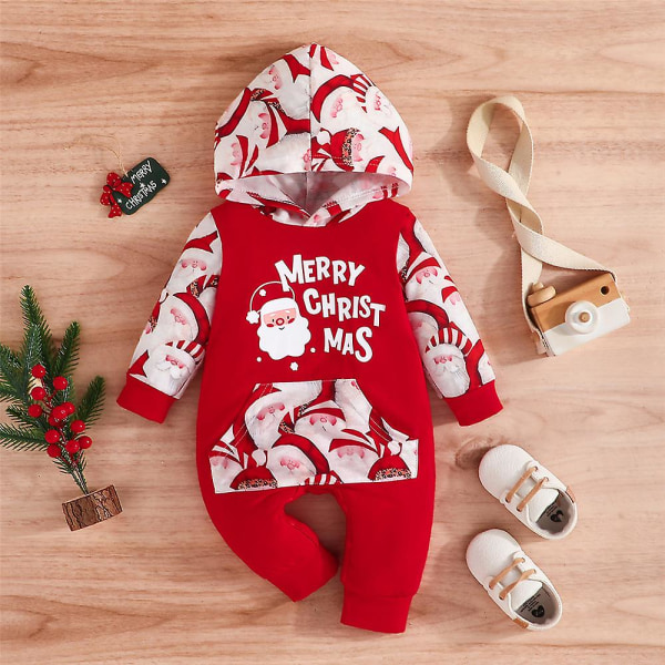 Baby flicka Barn 1:a jul God jul Hooded Långärmad Jumpsuit Bodysuit One Piece Romper Outfit Red 12-18M
