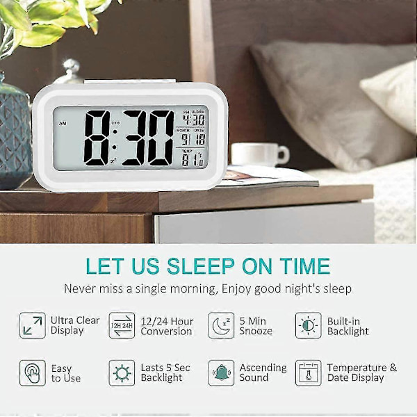 Digital väckarklocka, 12/24h sängklocka med LCD-bakgrundsbelyst display, klocka med datumkalender temperatur