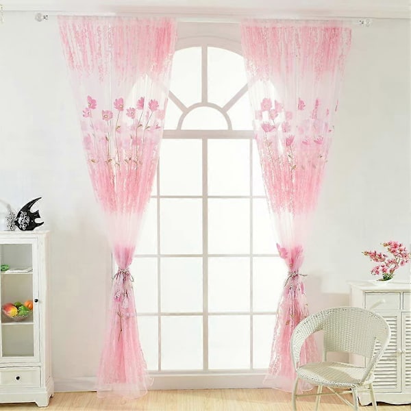 Glitter Blomst Blad Print Voile Gardiner Blyantfold Tynde Tyl Gardiner Panel Vinduesbehandling til Stue Piger Børneværelse