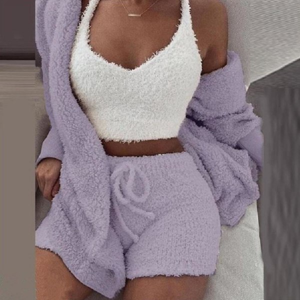 Naisten 3kpl fleece pörröinen turkki + shortsit + lyhyt liivi set purple XL