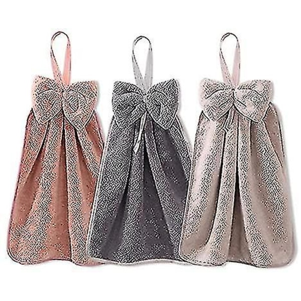 3 stk. Håndklær med sløyfe og opphengsløkke - Mikrofiber korallfleece håndklær for bad og kjøkken, supermyke og svært absorberende
