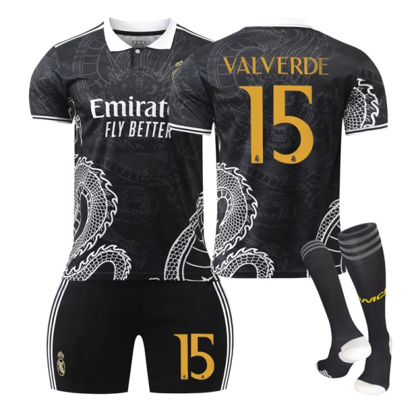 23-24 Real Madrid fotboll uniform drak mönster version barn och vuxna set sportlag uniform NO.15 VALVERDE 16