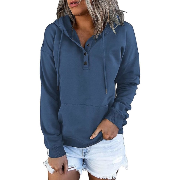 Kvinnor Hooded Sweatshirt Långärmad Hoodies Toppar Casual Lös Pullover med ficka Blue L