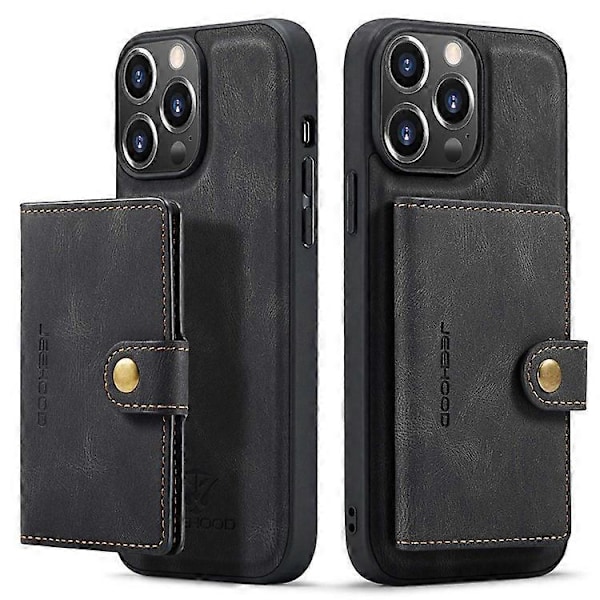 JEEHOOD Yhteensopiva iPhone 14 Pro Retro Iskunkestävä Kotelo Irrotettava 2-in-1 Lompakkokotelo Nahkapäällysteinen Jalusta TPU-suojus Black