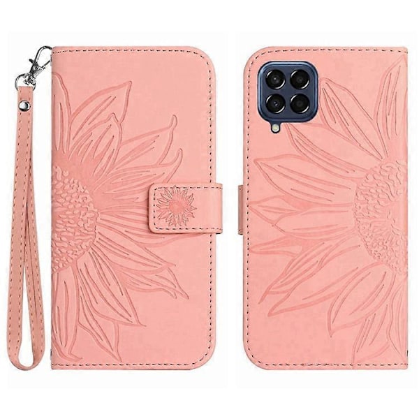 Kompatibelt för Samsung Galaxy M53 5G HT04 Skin-touch PU Läder Mobiltelefon Skydd Skal med Tryckt Solros Ställ Plånboksfodral LightPink