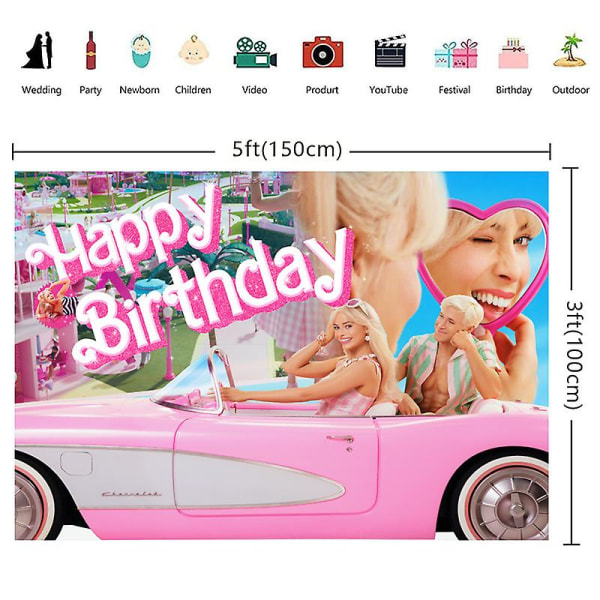 Barbieen syntymäpäivä taustajuhlat Bannerihuoneen seinäkoristelu valokuvarekvisiitta Baby Shower -tausta Söpöt taustat Lapset Tytöt Lahja 100X150cm 1